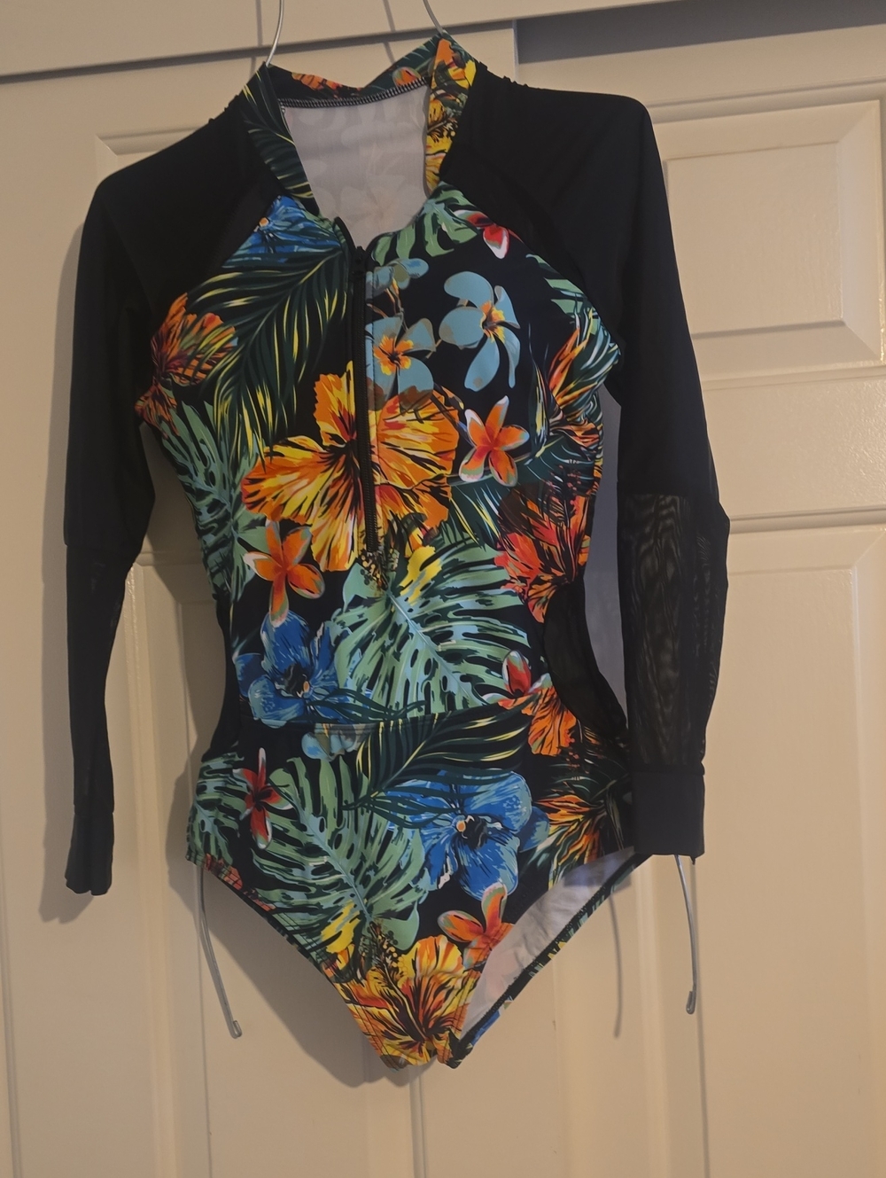 Tropical Floral Long-Sleeve One-Piece Swimsuit - Black Multi